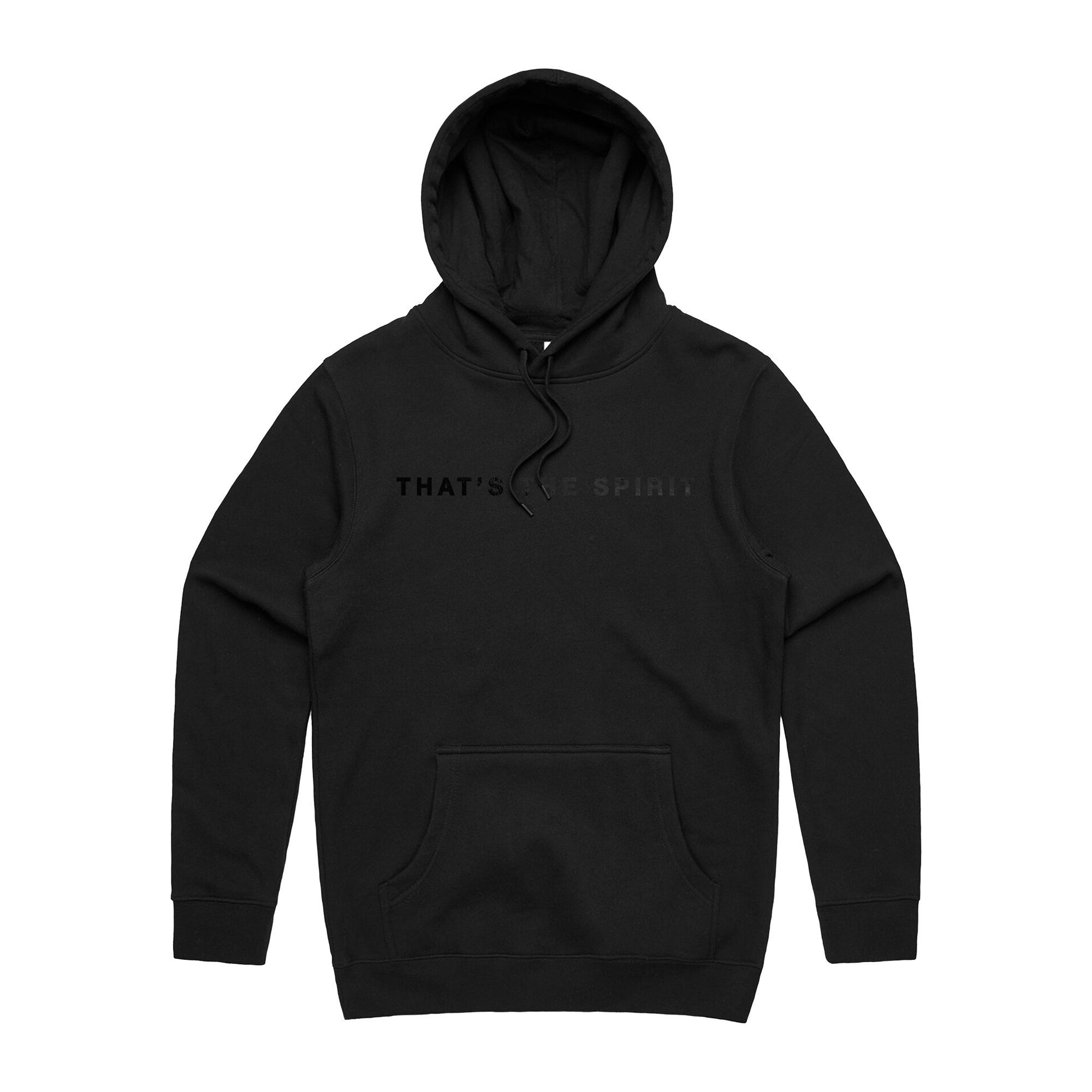 Washed black hoodie with a bold black 'That's the Sprit' text print across the front