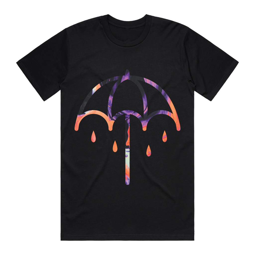 Black short-sleeve T-Shirt with a colourful Umbrella print centred across the front