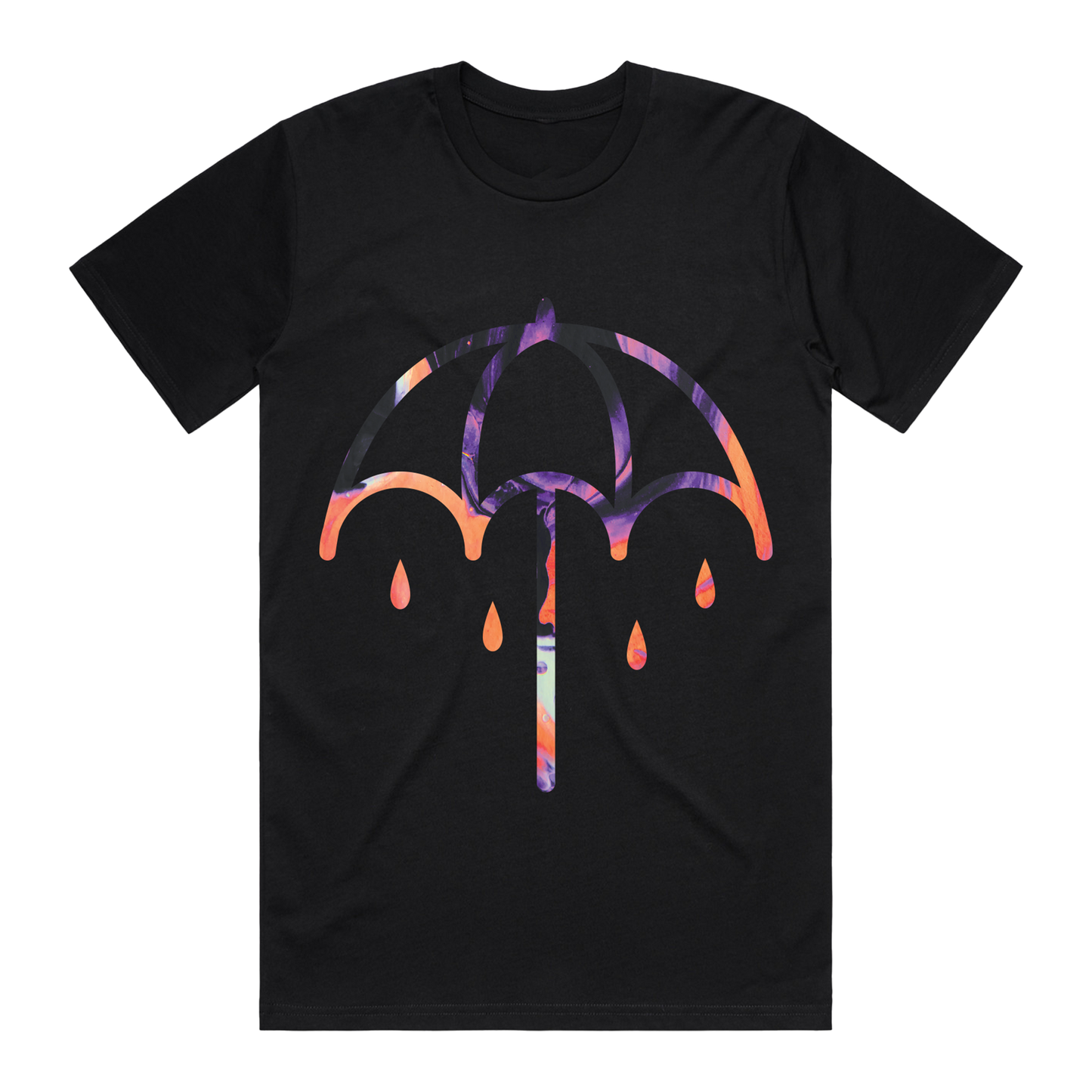Black short-sleeve T-Shirt with a colourful Umbrella print centred across the front
