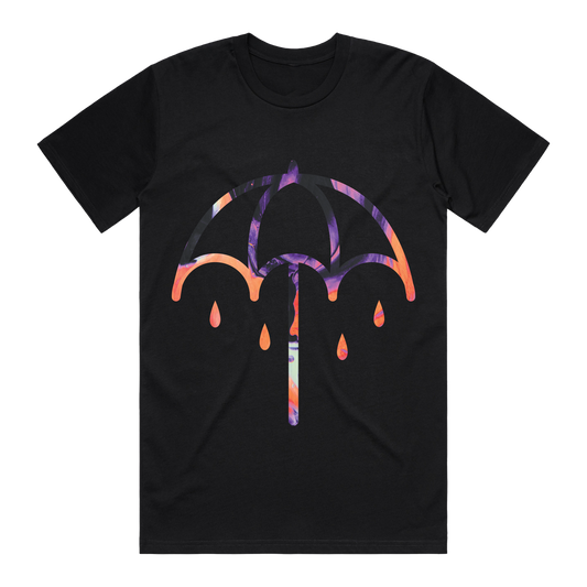 Black short-sleeve T-Shirt with a colourful Umbrella print centred across the front