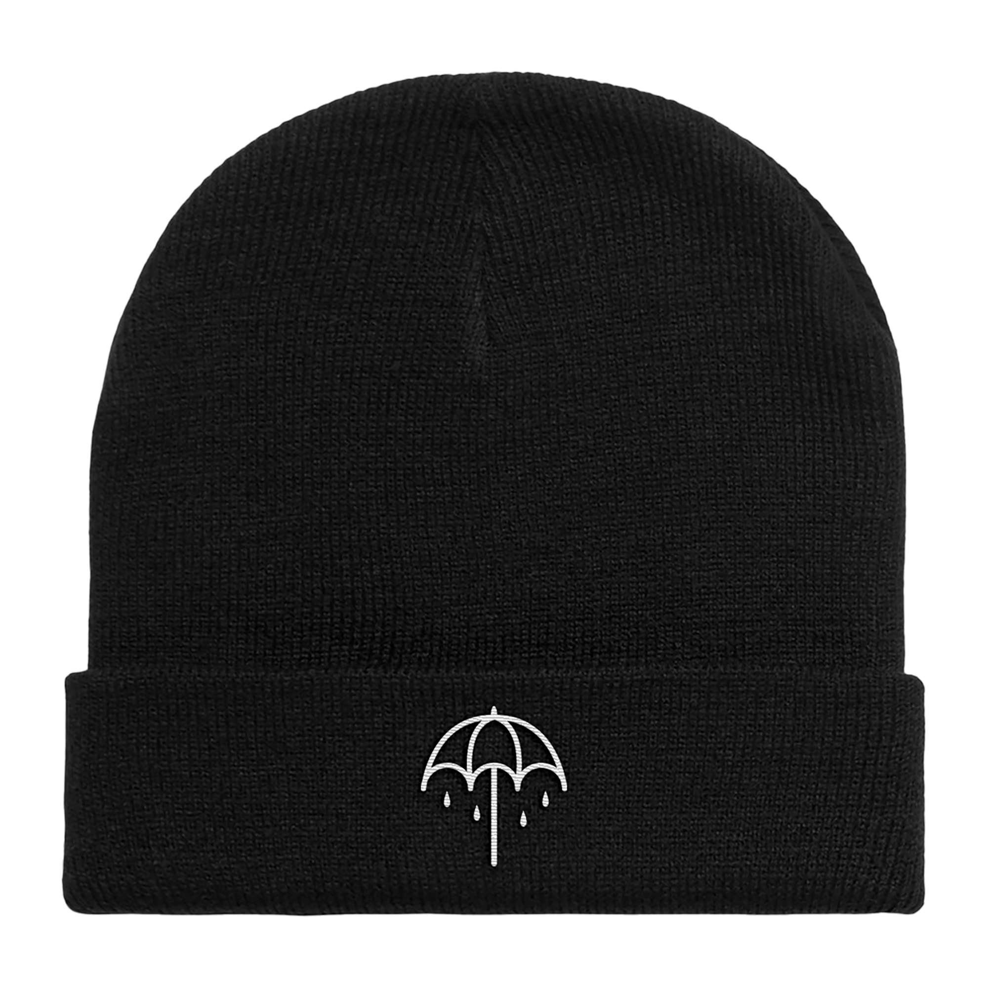 Black roll-up beanie with a white umbrella on the front cuff.