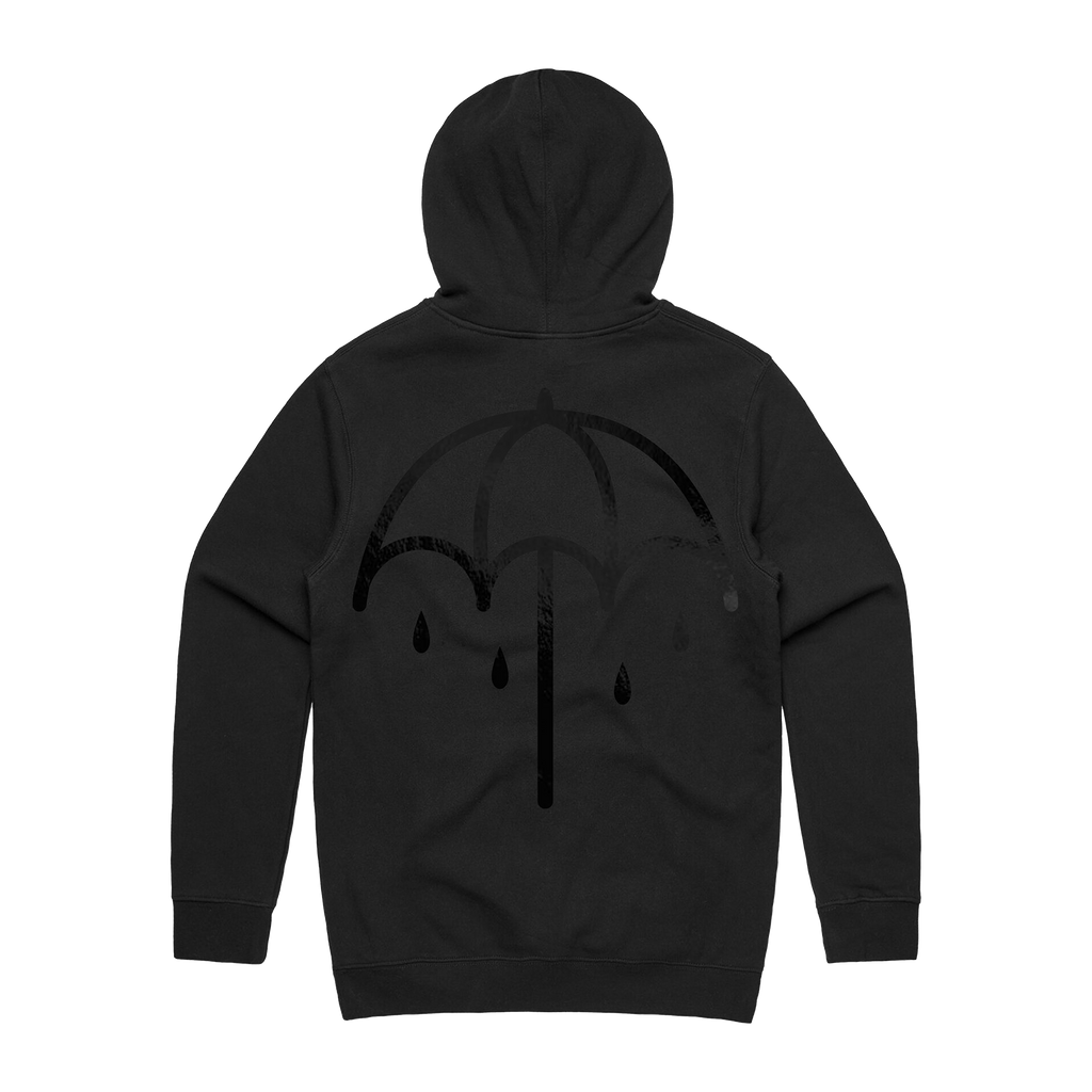 Washed black hoodie with a bold black umbrella print across the back