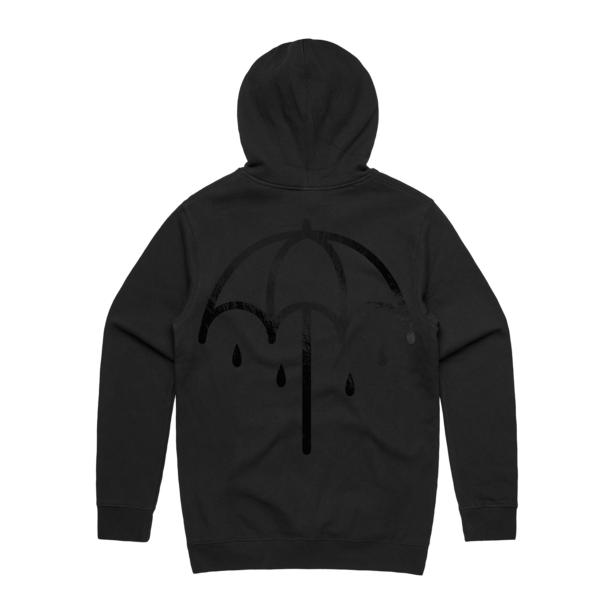 Washed black hoodie with a bold black umbrella print across the back