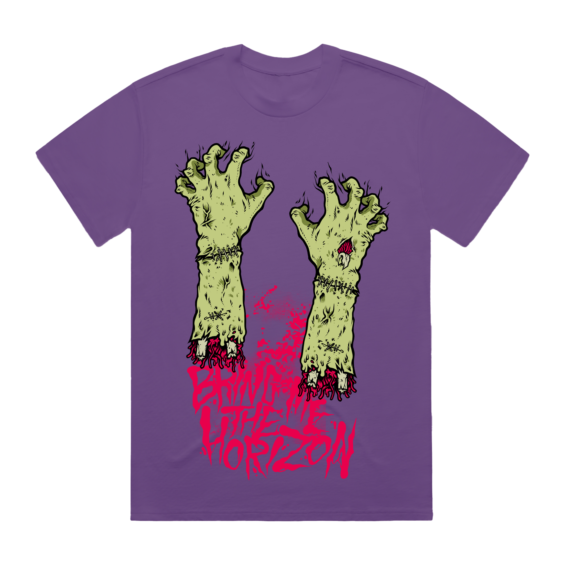 Purple unisex short-sleeve regular fit T-Shirt with Bring Me the Horizon zoombie hand print across the front