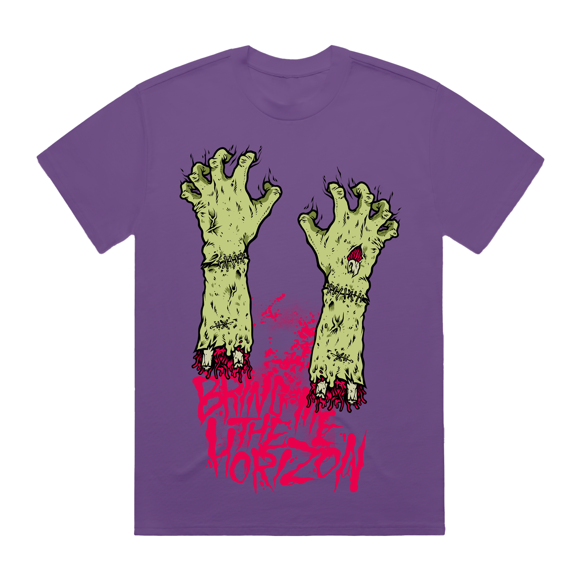 Purple unisex short-sleeve regular fit T-Shirt with Bring Me the Horizon zoombie hand print across the front