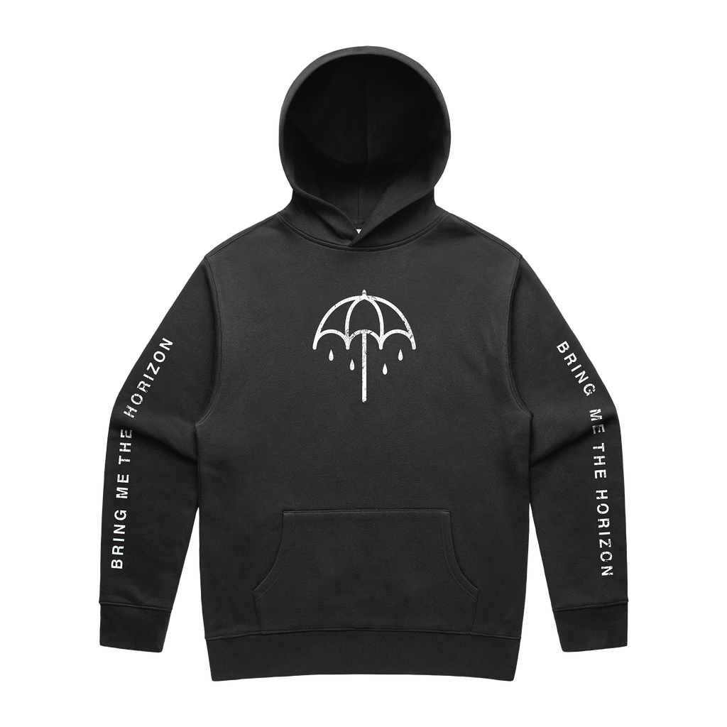 Washed black hoodie with white Bring Me the Horizon text printed along both sleeves and a white umbrella print on the chest.