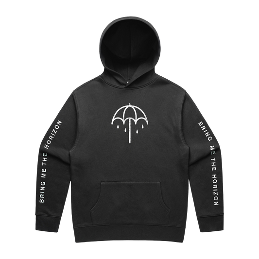 Washed black hoodie with white Bring Me the Horizon text printed along both sleeves and a white umbrella print on the chest.