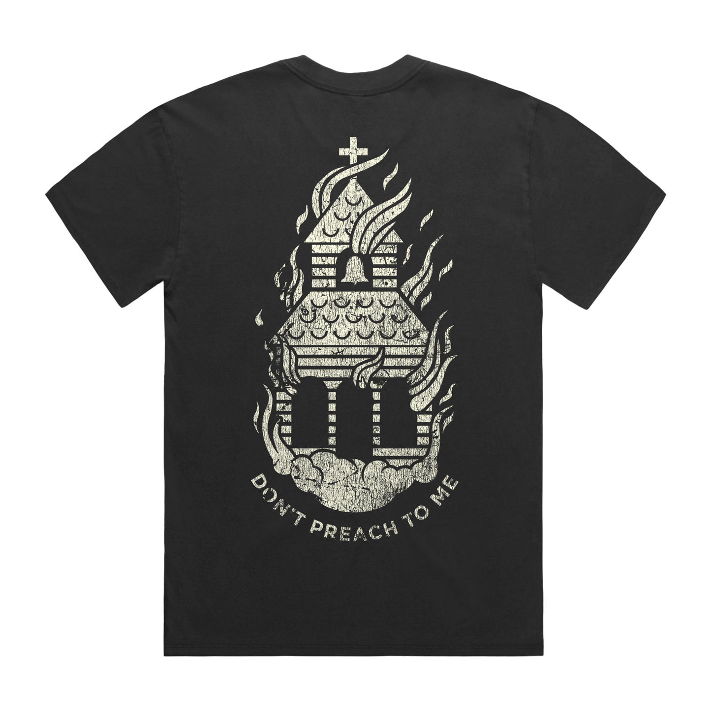 Black short-sleeve T-shirt with a BMTH “Don’t Preach Me” burning church print across the back.