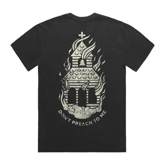 Black short-sleeve T-shirt with a BMTH “Don’t Preach Me” burning church print across the back.