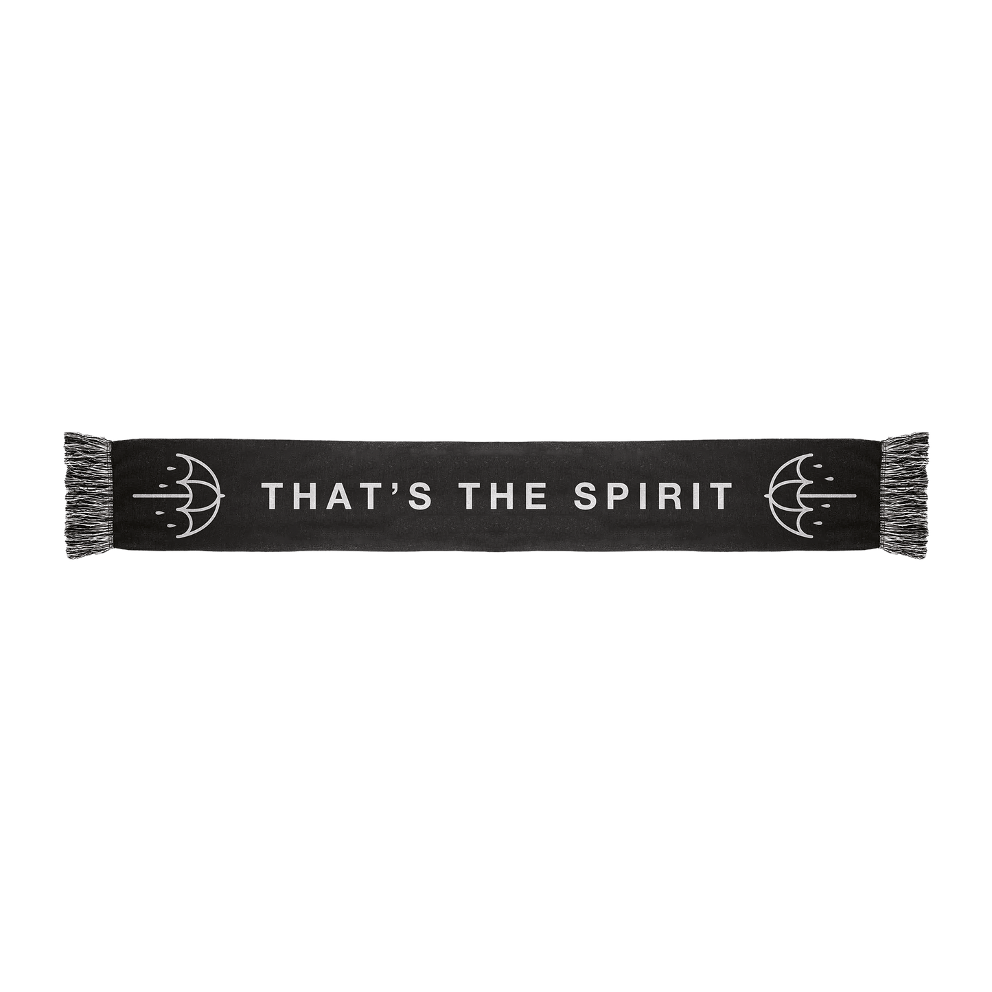 Black frill scarf featuring white “THAT’S THE SPIRIT” text across the middle and white umbrella prints on each side.