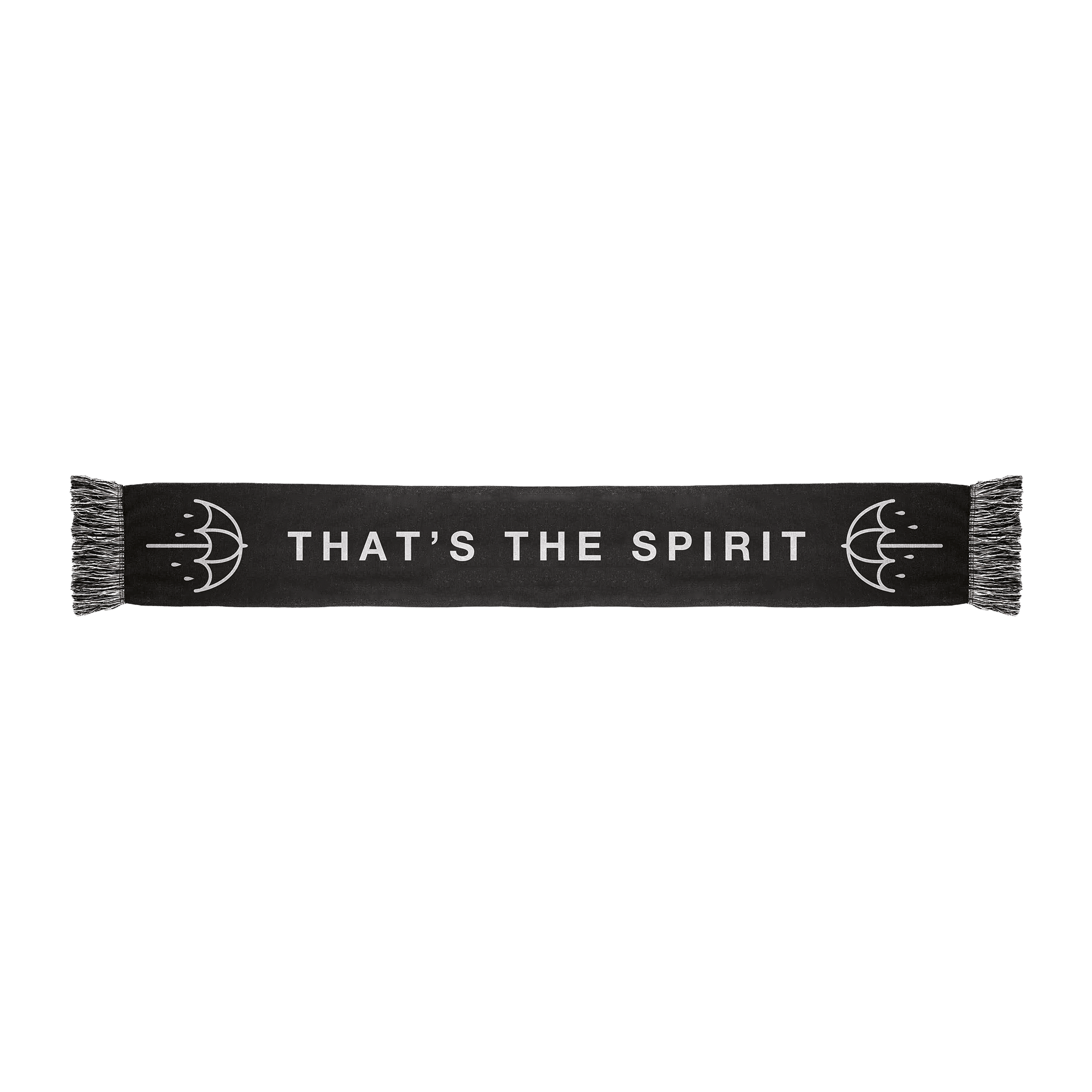 Black frill scarf featuring white “THAT’S THE SPIRIT” text across the middle and white umbrella prints on each side.