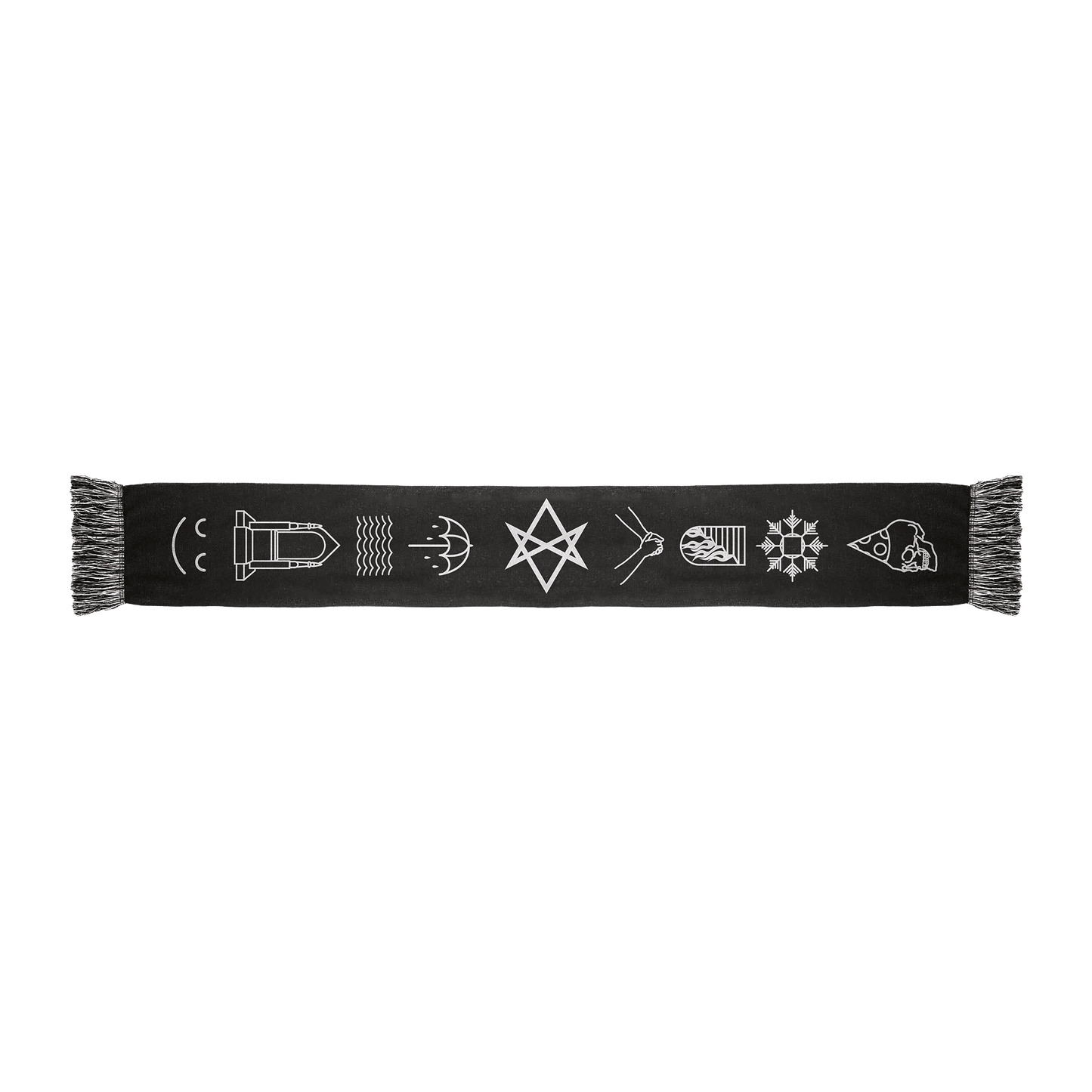 Black frill scarf featuring white “THAT’S THE SPIRIT” symbols 
