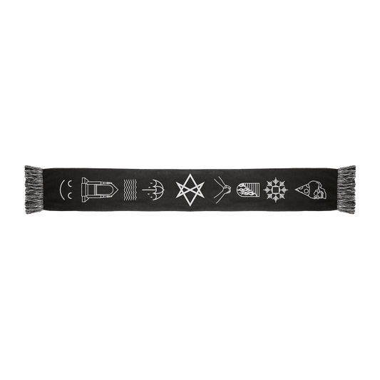 Black frill scarf featuring white “THAT’S THE SPIRIT” symbols 