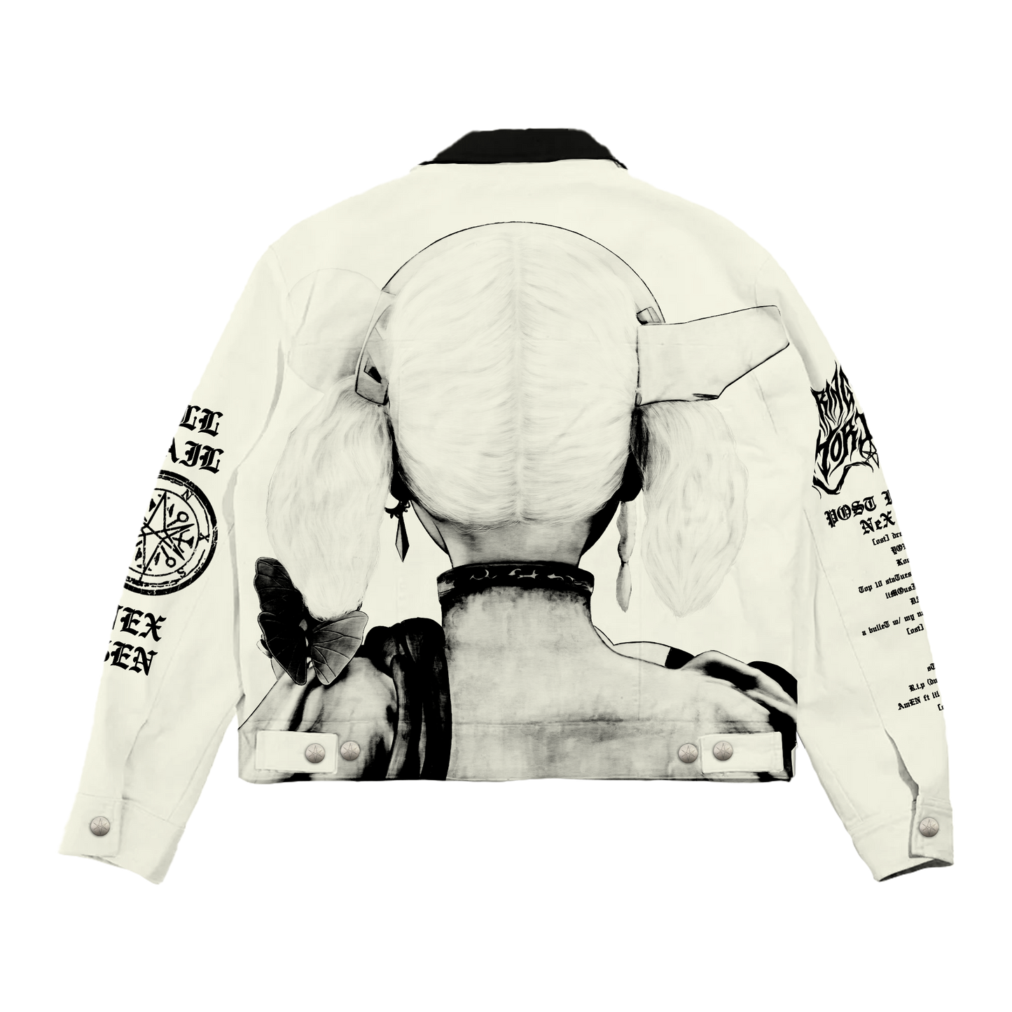 White unisex canvas jacket with Bring Me the Horizon NeX GEn character print across the front, back, and sleeves.