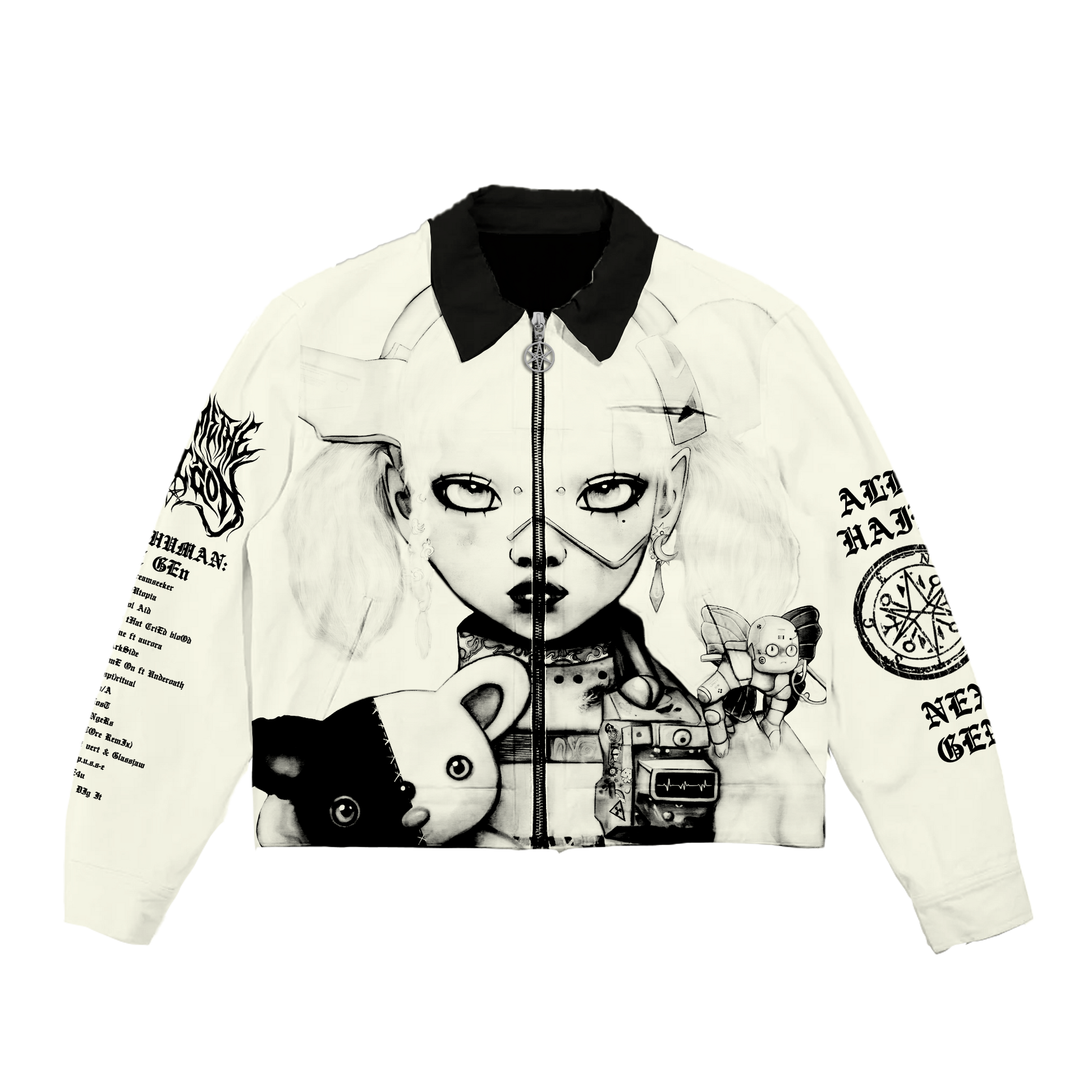 White unisex canvas jacket with Bring Me the Horizon NeX GEn character print across the front, back, and sleeves.