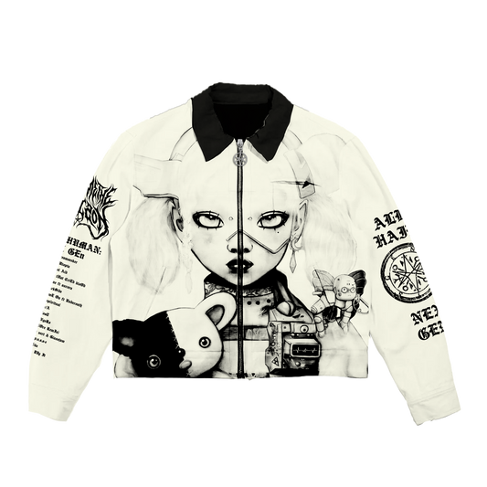 White unisex canvas jacket with Bring Me the Horizon NeX GEn character print across the front, back, and sleeves.