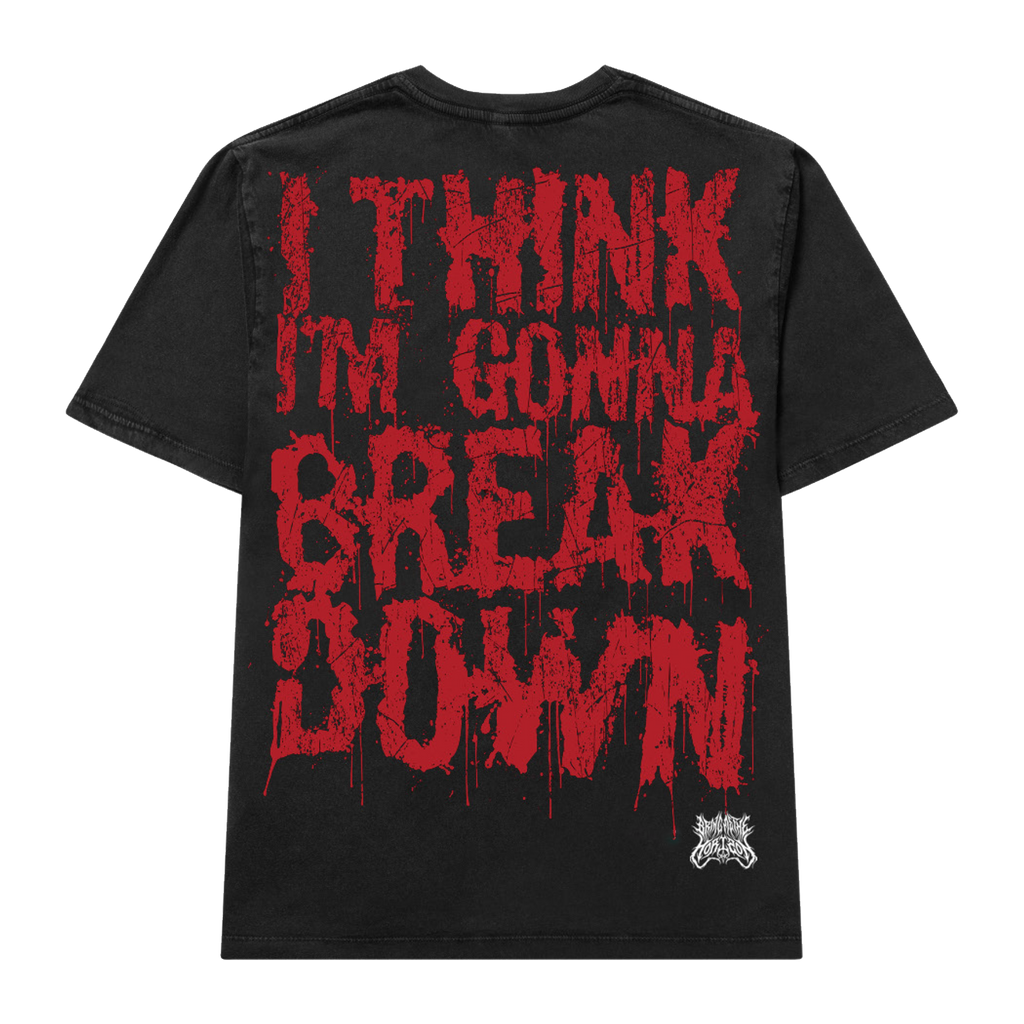 Black unisex short-sleeve relaxed fit t-shirt with red Bring Me the Horizon ' Think I'm Gonna Breakdown' lyric print across the back
