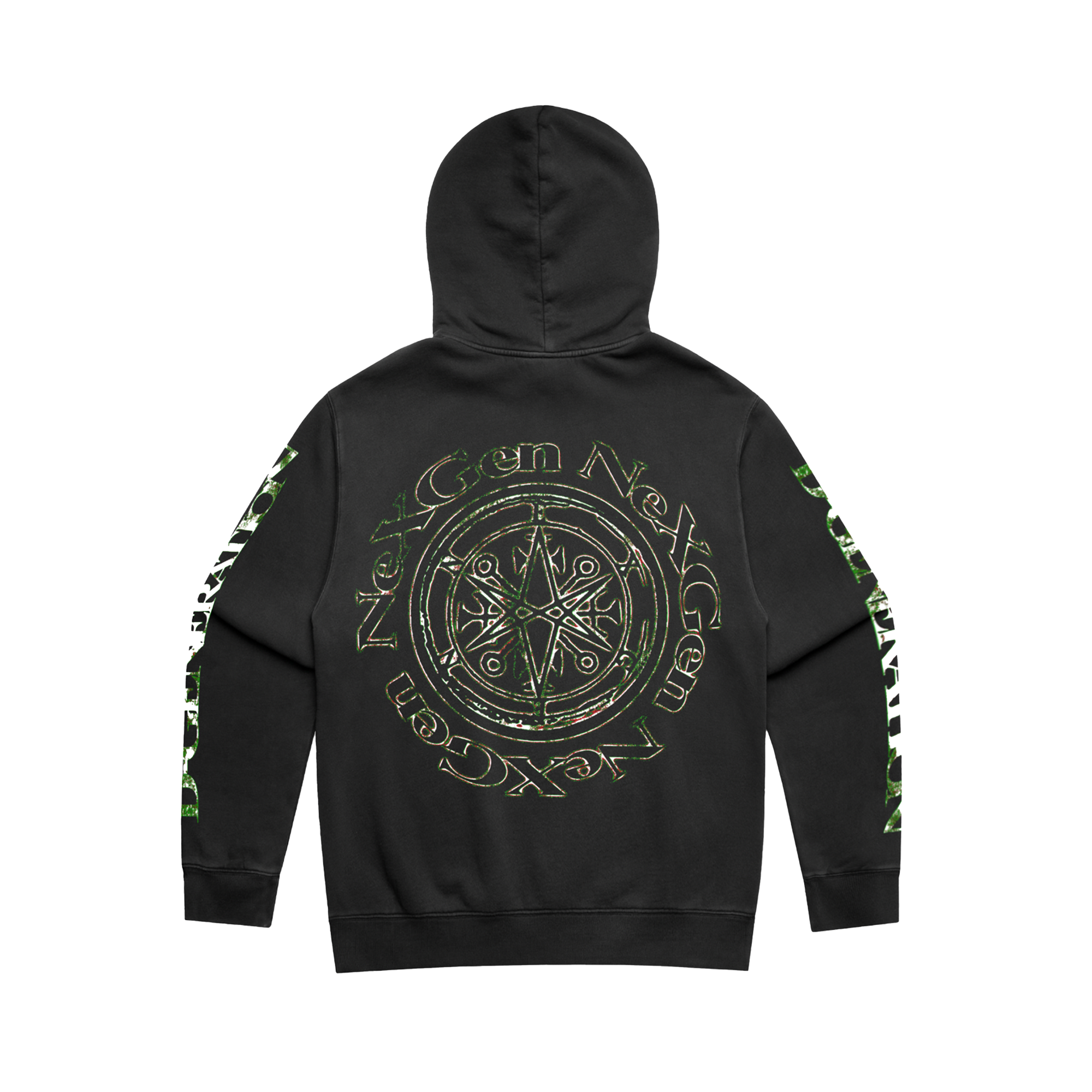 Black unisex hoodie with BMTH NeX GEn print across the front and back, and 'D-Gen' print along the sleeves.