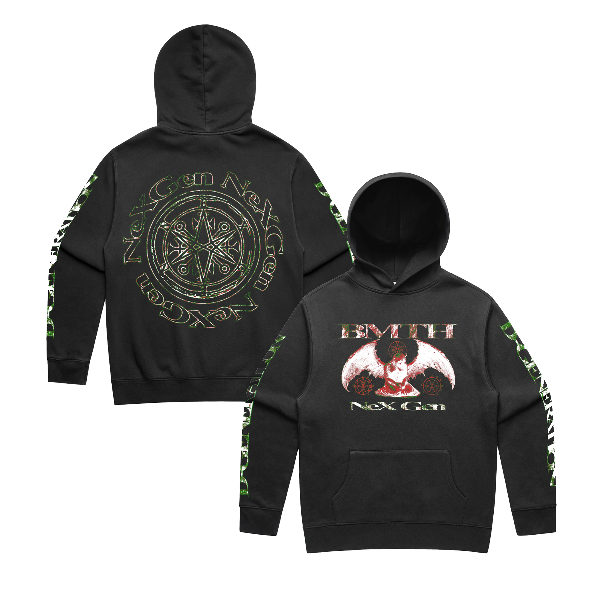 Black unisex hoodie with BMTH NeX GEn print across the front and back, and 'D-Gen' print along the sleeves.