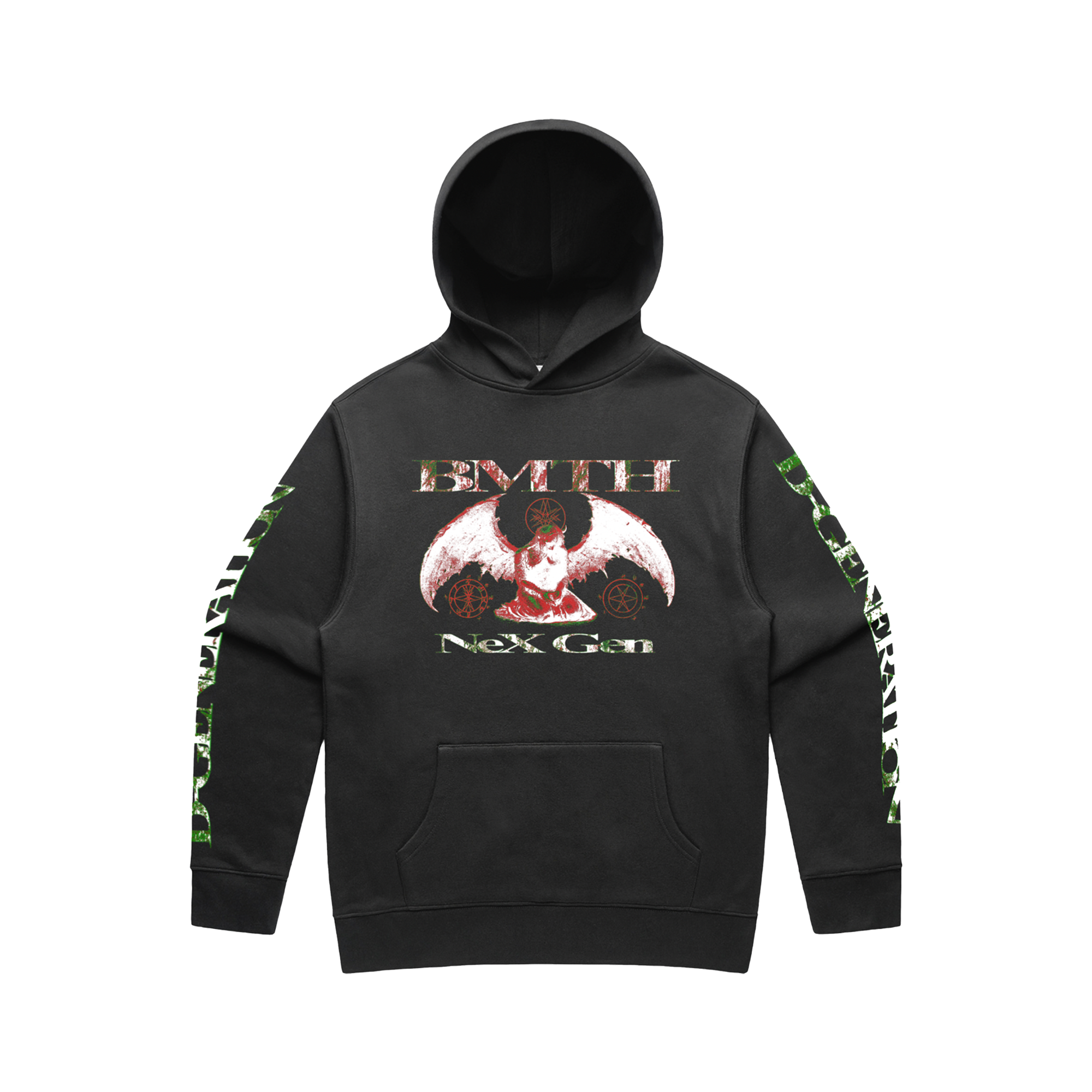 Black unisex hoodie with BMTH NeX GEn print across the front and back, and 'D-Gen' print along the sleeves.
