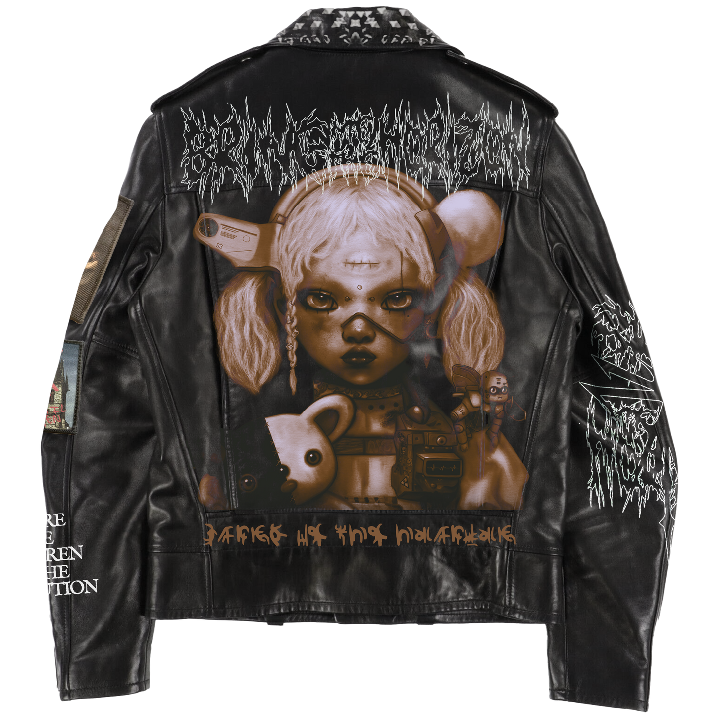 Black vegan unisex leather jacket with Bring Me the Horizon NeX GEn character print across the back.