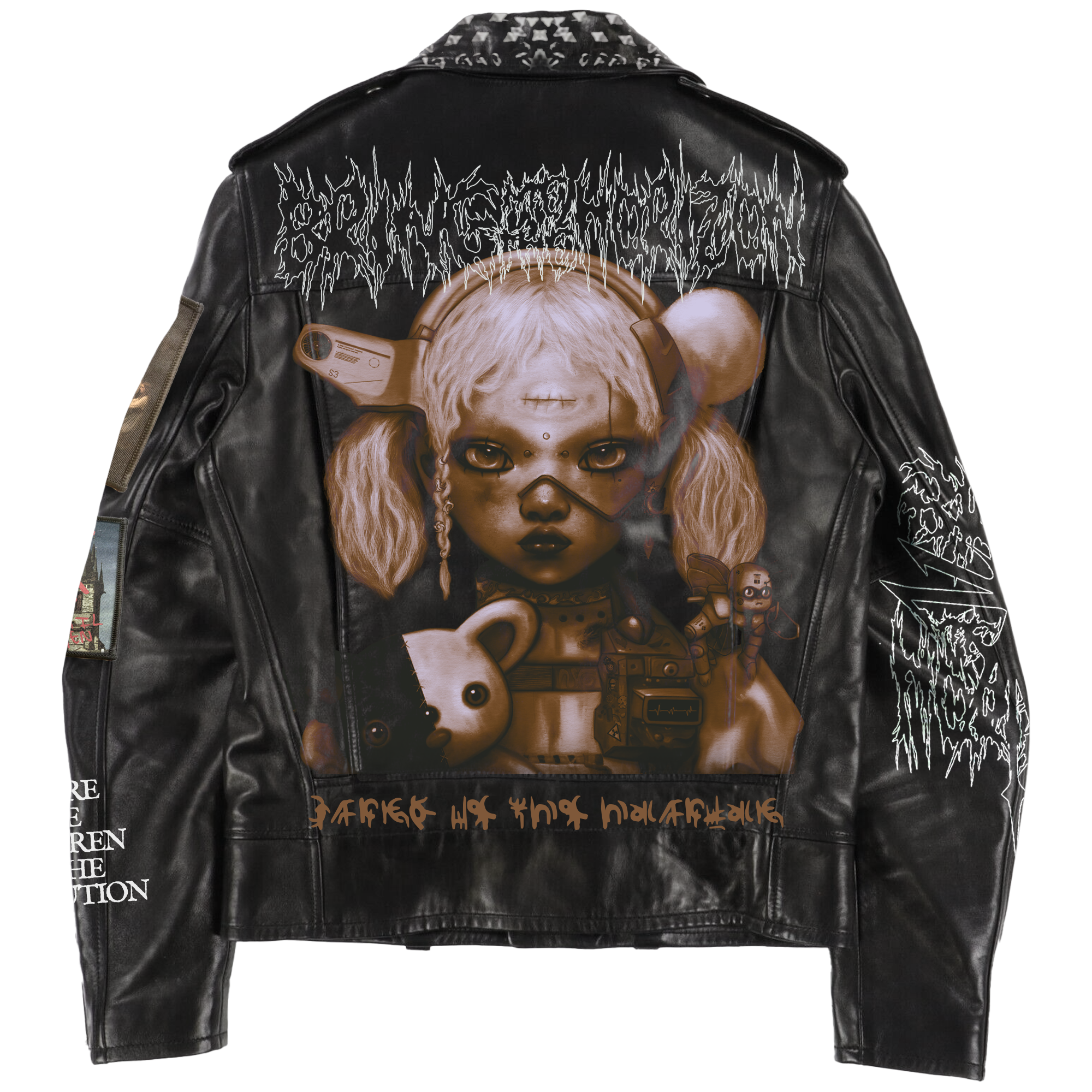 Black vegan unisex leather jacket with Bring Me the Horizon NeX GEn character print across the back.
