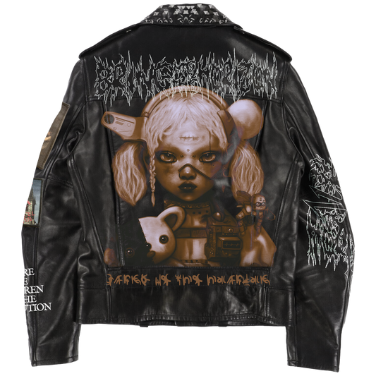 Black vegan unisex leather jacket with Bring Me the Horizon NeX GEn character print across the back.