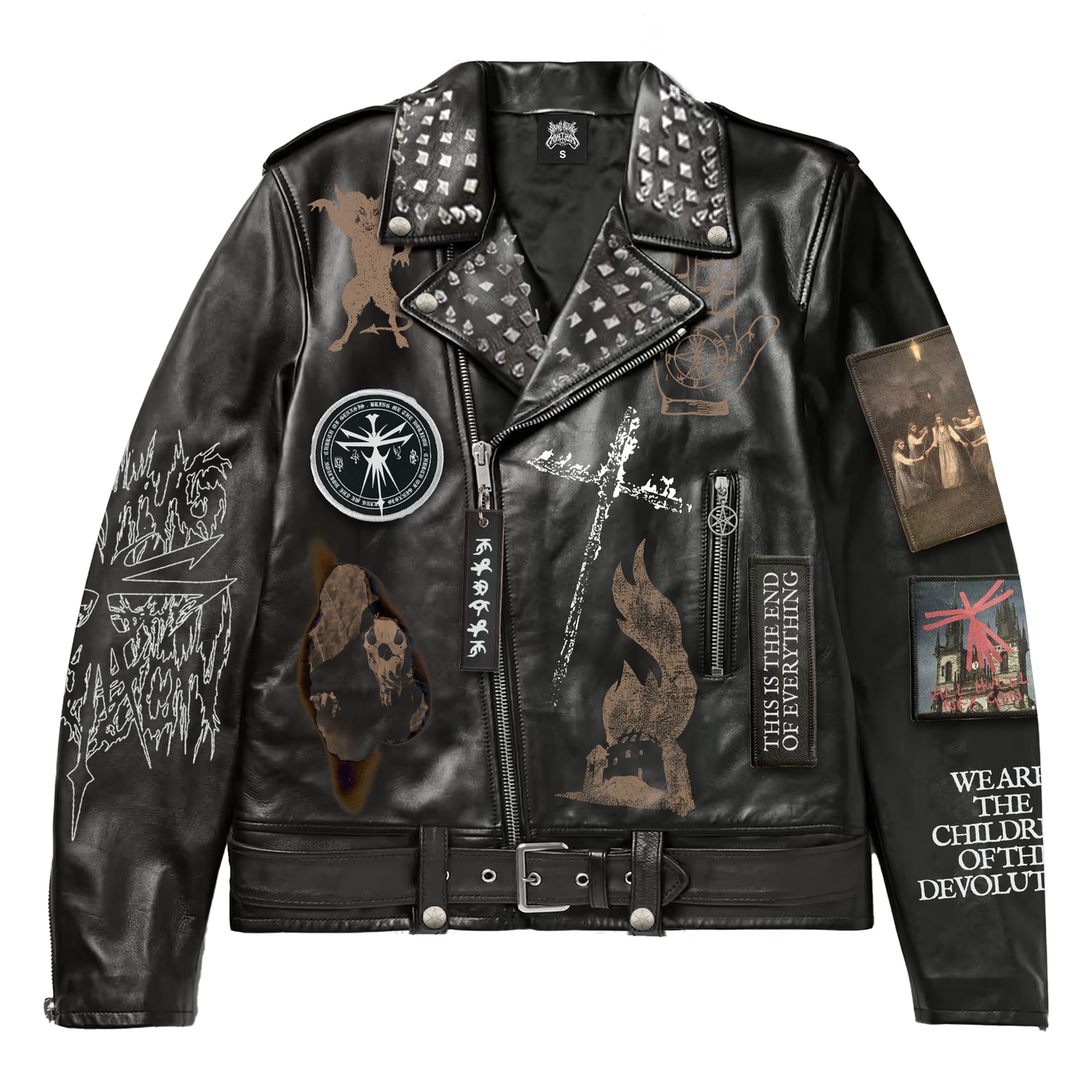 Black vegan unisex leather jacket with Bring Me the Horizon patches across the front and sleeves. 