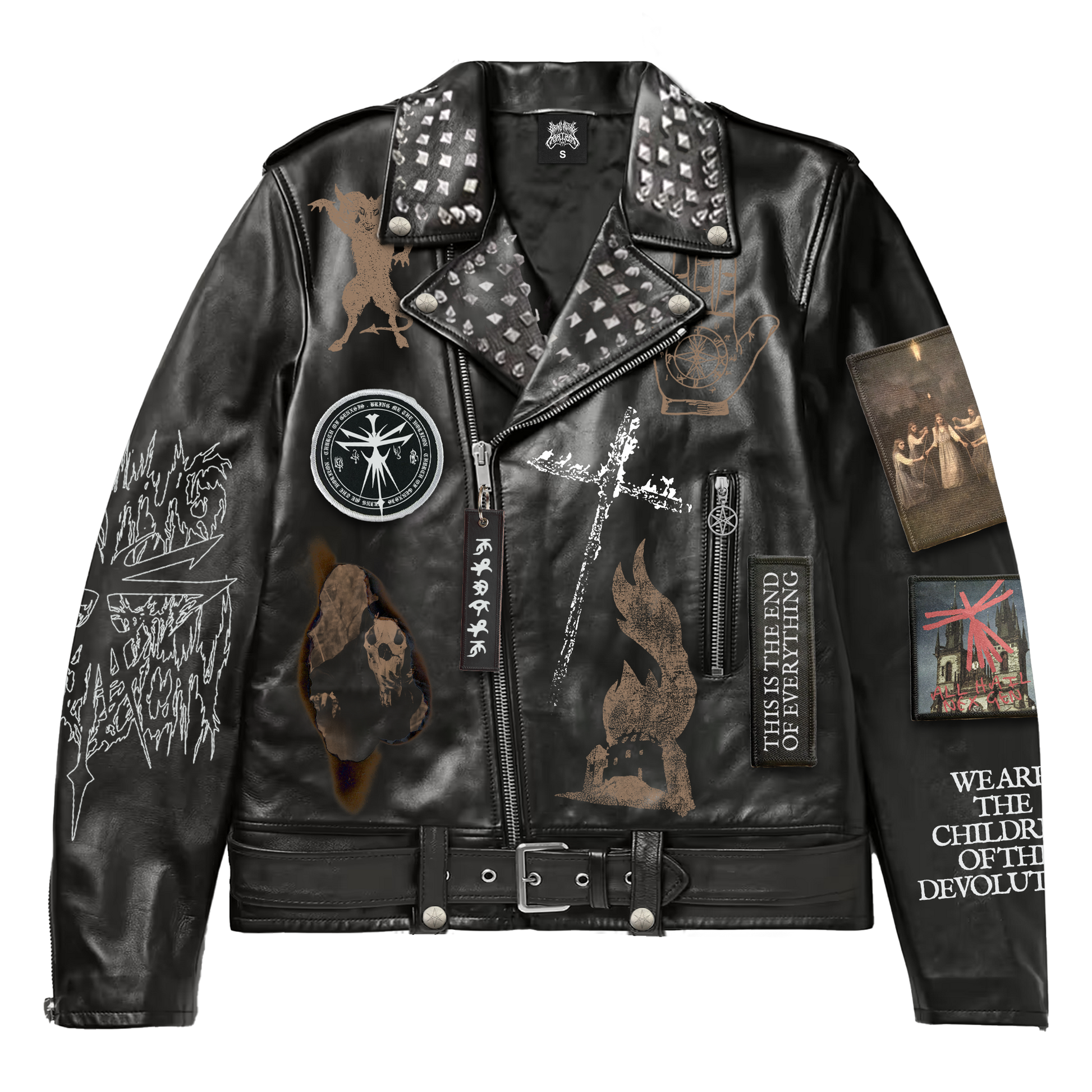 Black vegan unisex leather jacket with Bring Me the Horizon patches across the front and sleeves. 