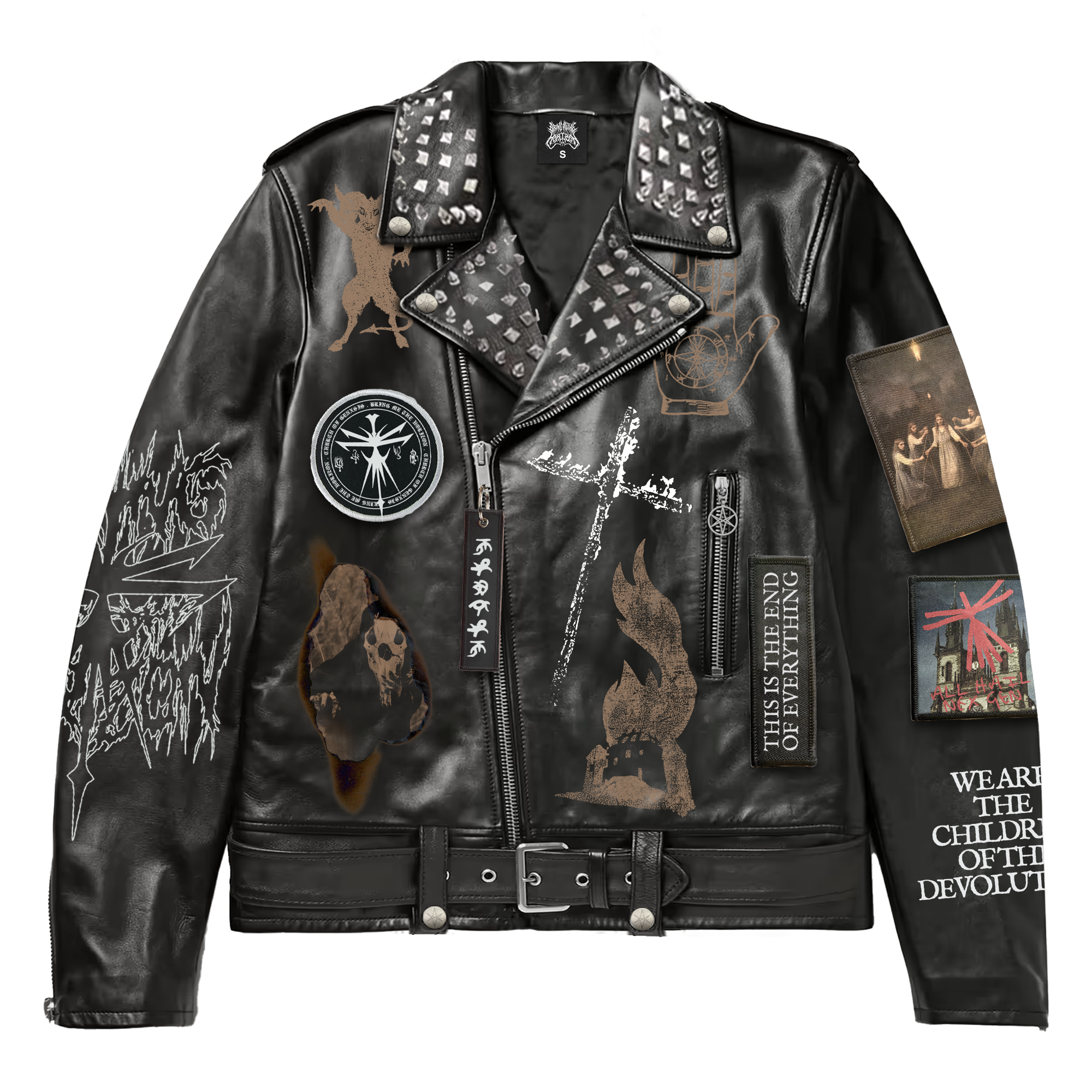 Black vegan unisex leather jacket with Bring Me the Horizon patches across the front and sleeves. 