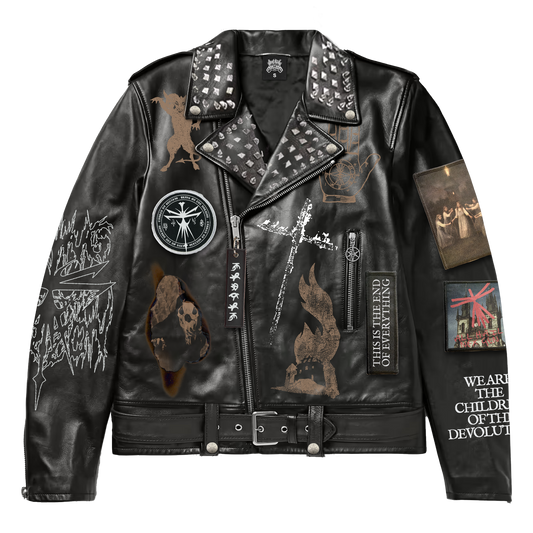 Black vegan unisex leather jacket with Bring Me the Horizon patches across the front and sleeves. 