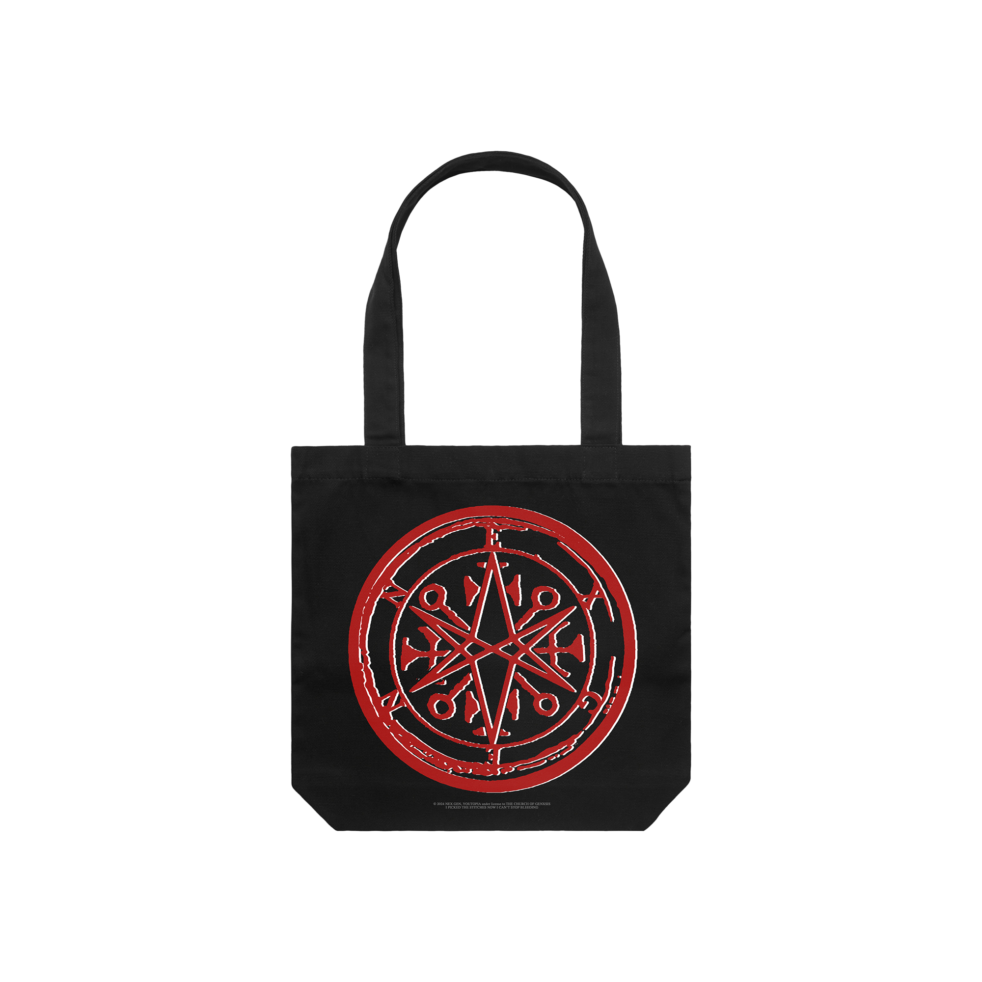 Black cotton tote bag with red Bring me The Horizon print across both sides