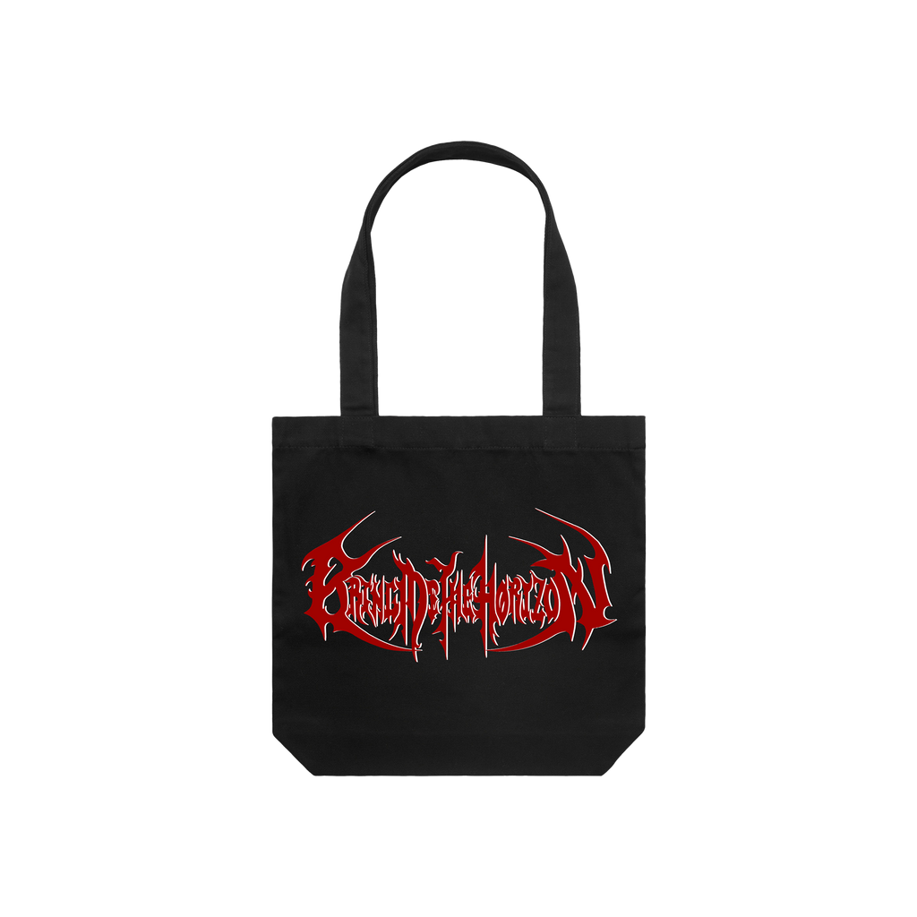 Black cotton tote bag with red Bring me The Horizon print across both sides