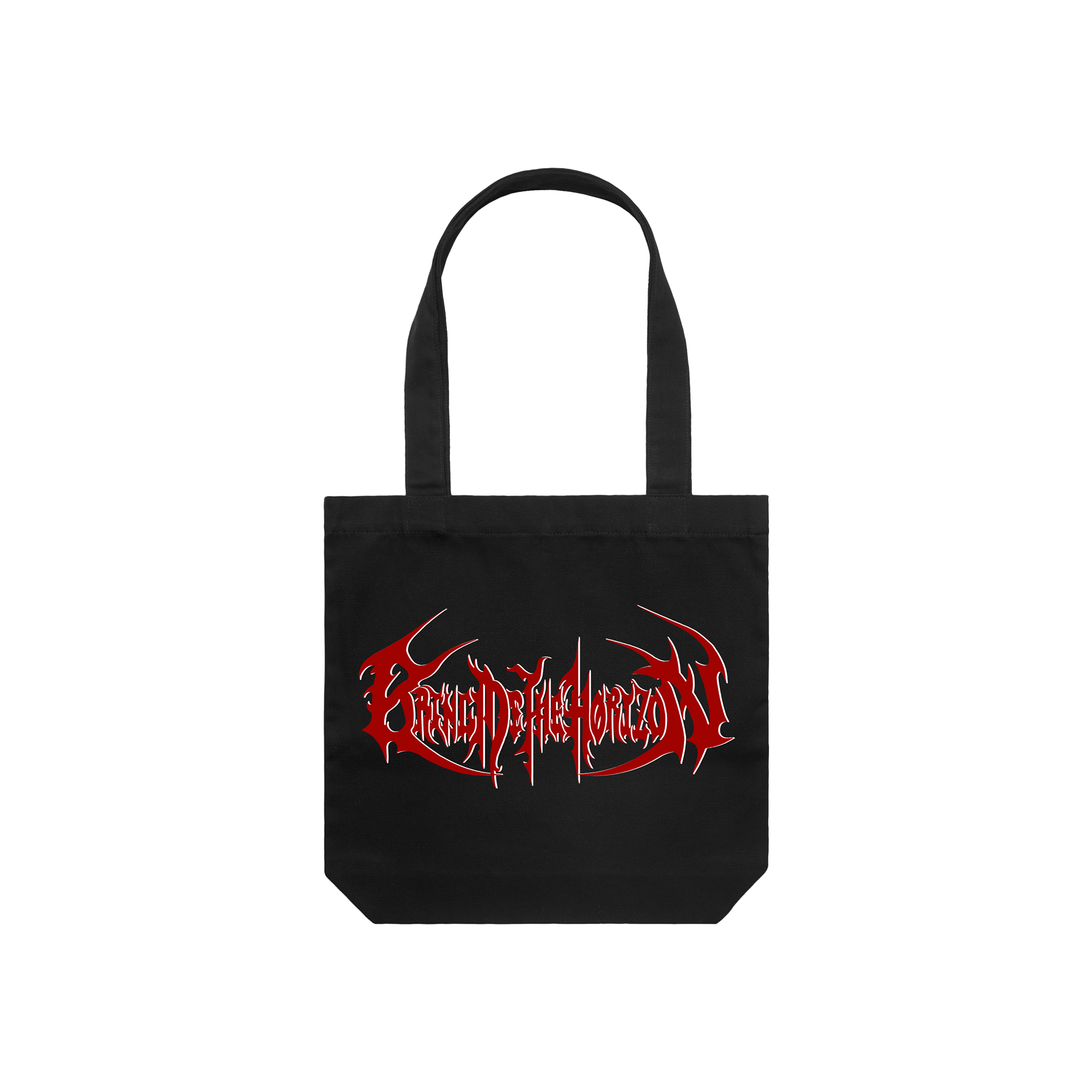Black cotton tote bag with red Bring me The Horizon print across both sides