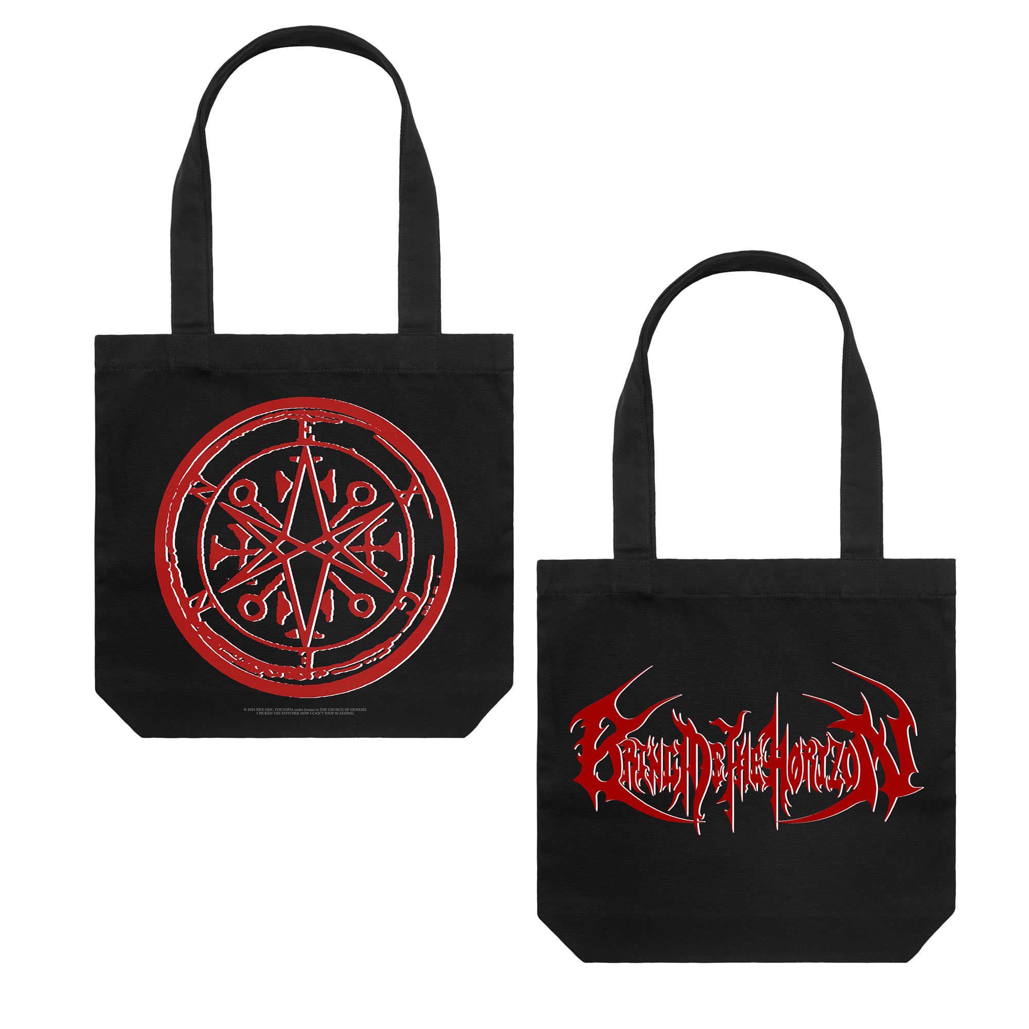 Black cotton tote bag with red Bring me The Horizon print across both sides