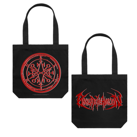 Black cotton tote bag with red Bring me The Horizon print across both sides