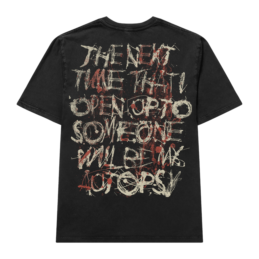 Black unisex short-sleeve relaxed fit T-Shirt with Bring Me the Horizon ''The next time that I open up to someone will be my autopsy' lyric print across the back
