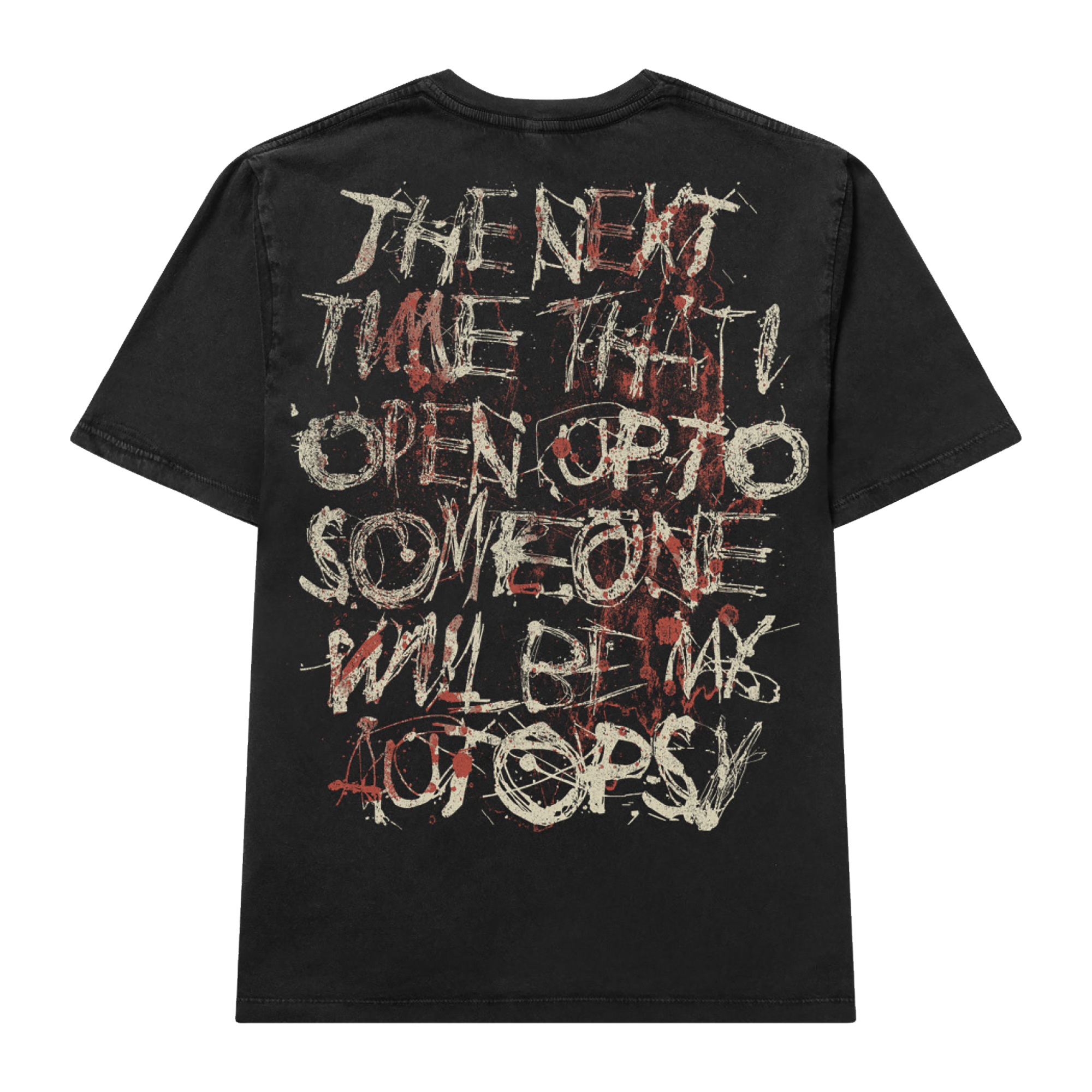 Black unisex short-sleeve relaxed fit T-Shirt with Bring Me the Horizon ''The next time that I open up to someone will be my autopsy' lyric print across the back