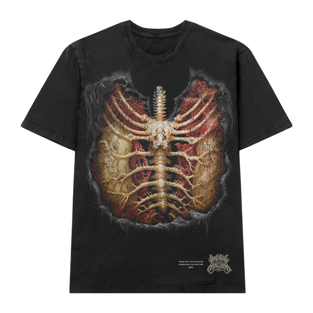 Black unisex short-sleeve relaxed fit t-shirt with Bring Me the Horizon ribcage print across the front