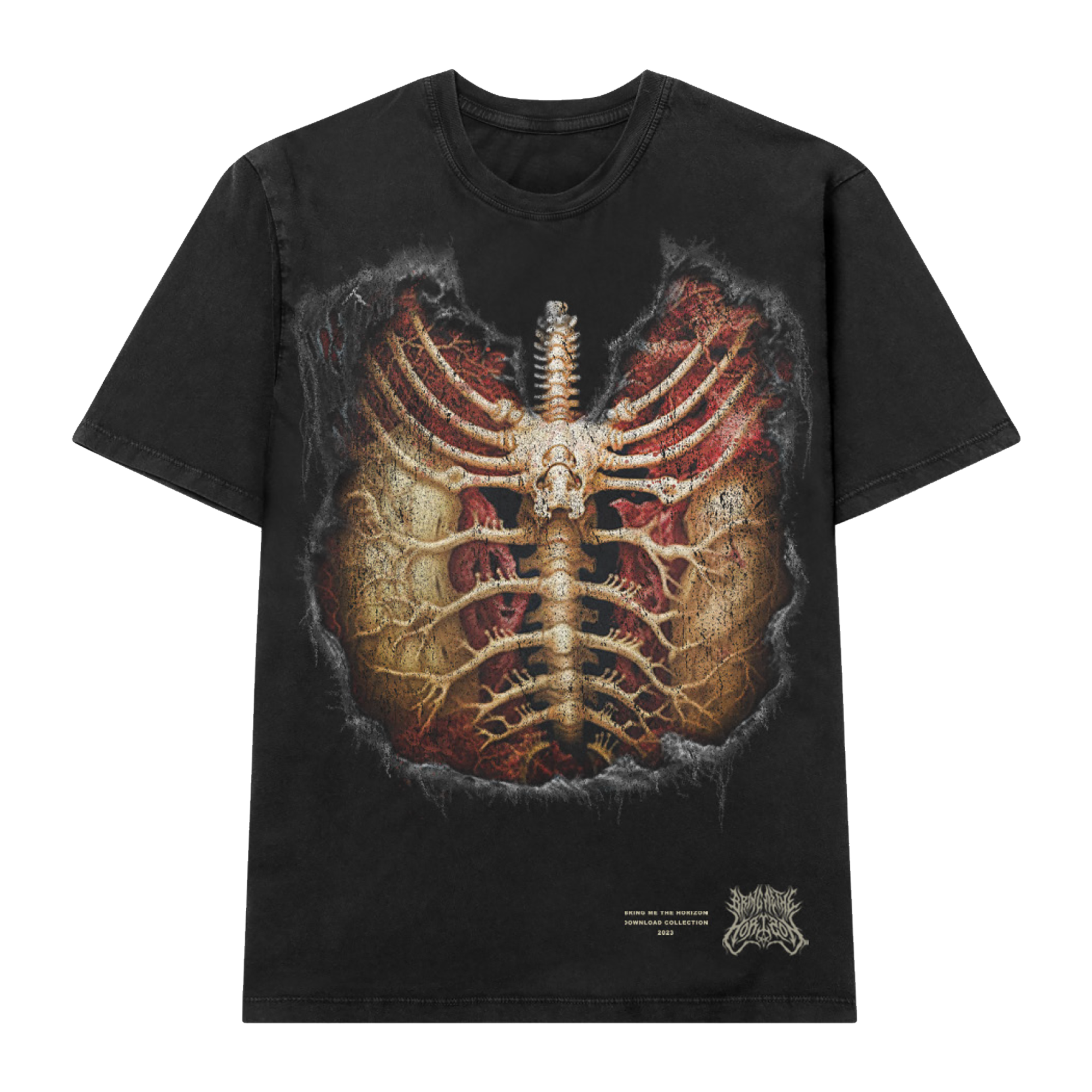Black unisex short-sleeve relaxed fit t-shirt with Bring Me the Horizon ribcage print across the front