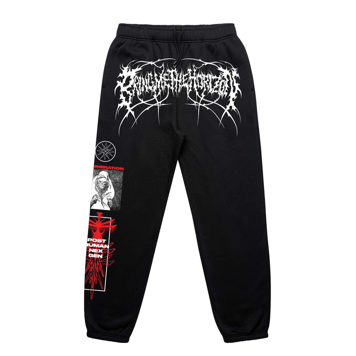 Black unisex joggers with Bring me The Horizon prints across the legs