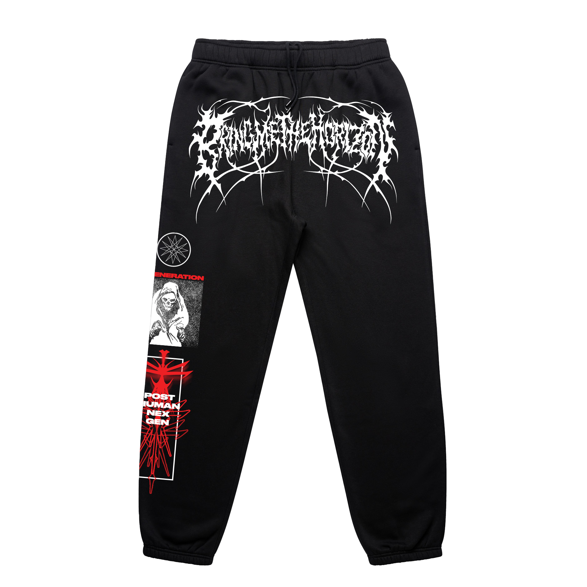 Black unisex joggers with Bring me The Horizon prints across the legs