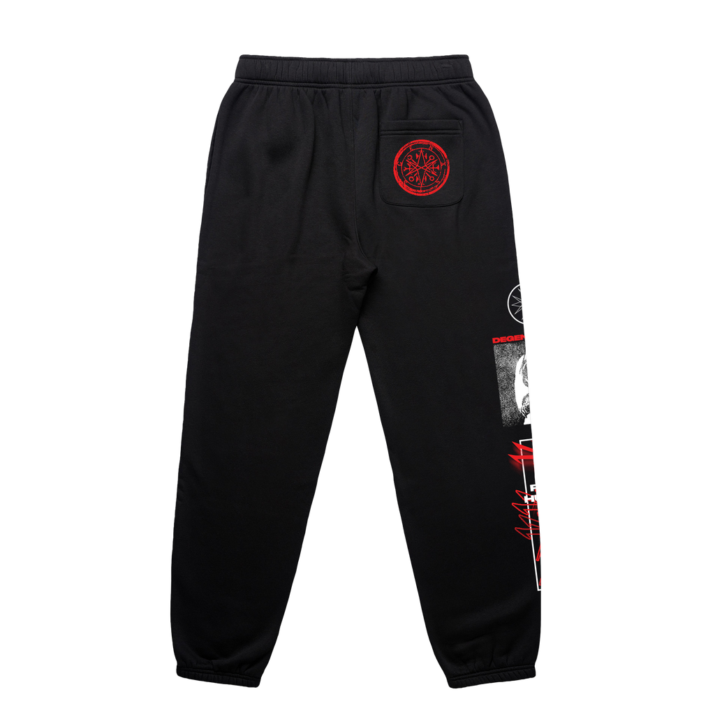 Black unisex joggers with Bring me The Horizon prints across the legs