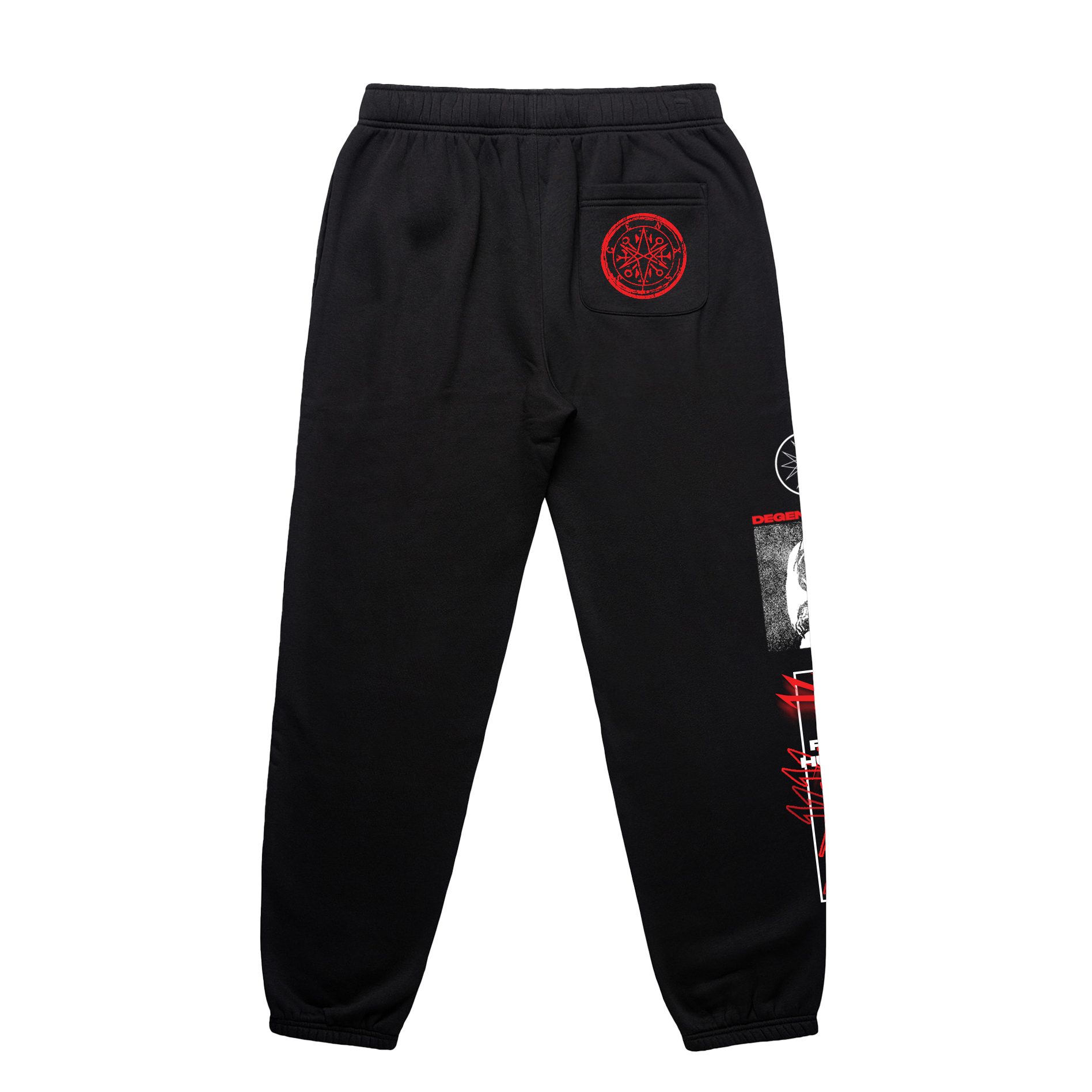 Black unisex joggers with Bring me The Horizon prints across the legs