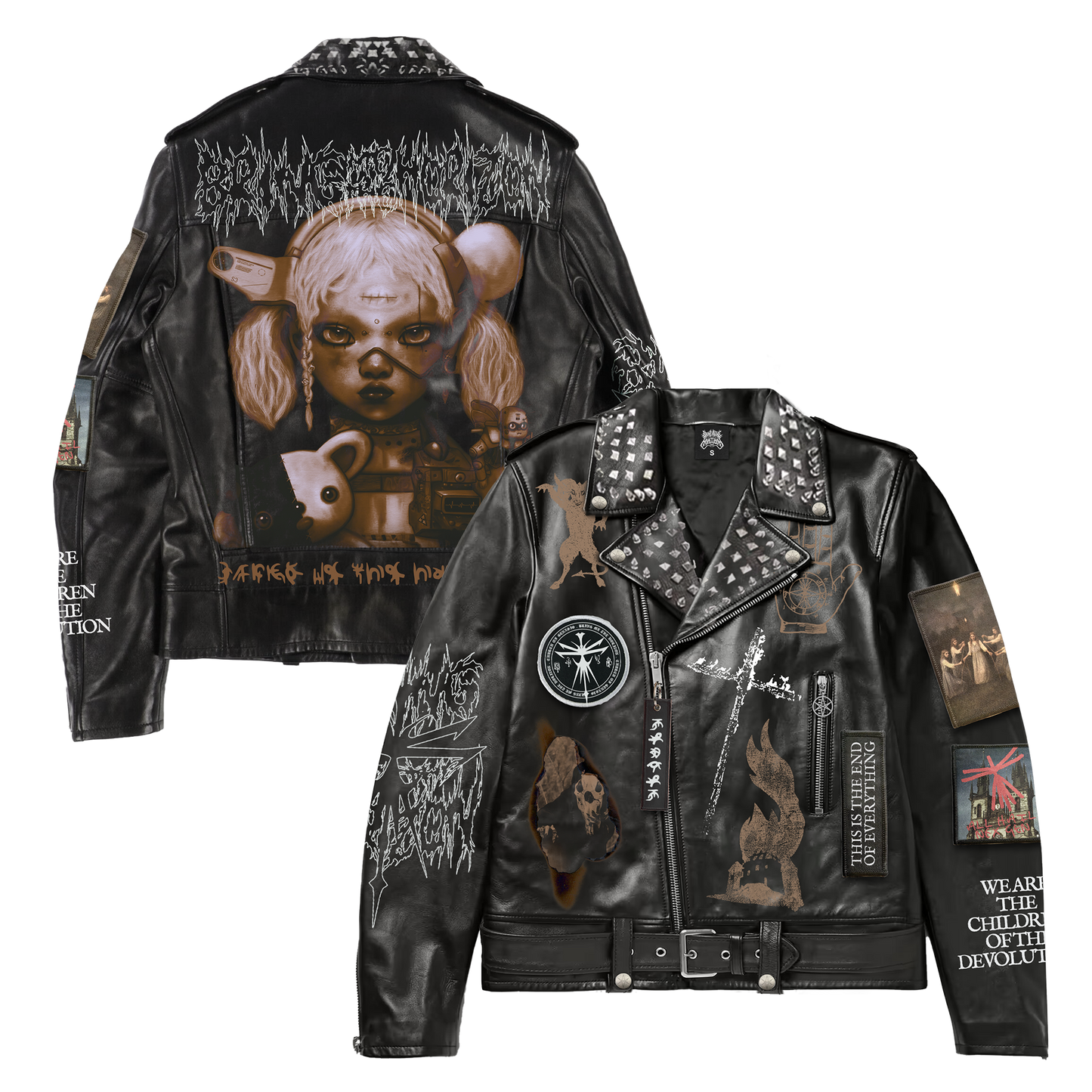 Black vegan unisex leather jacket with Bring Me the Horizon patches across the front and sleeves, and BMTH NeX GEn character print across the back.