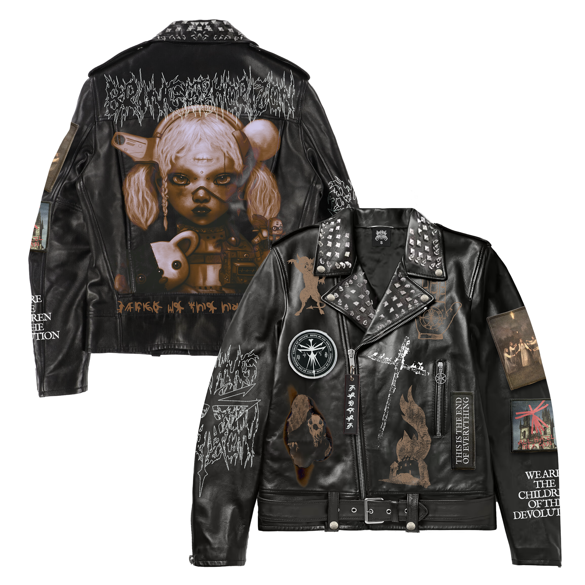 Black vegan unisex leather jacket with Bring Me the Horizon patches across the front and sleeves, and BMTH NeX GEn character print across the back.