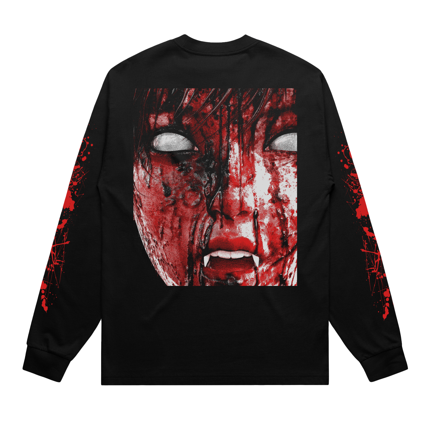 Black unisex long-sleeve regular fit T-shirt with silver and red BMTH text print across the chest, and red bloodbath print across the sleeves and back.