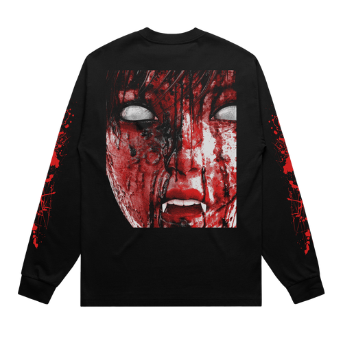 Black unisex long-sleeve regular fit T-shirt with silver and red BMTH text print across the chest, and red bloodbath print across the sleeves and back.