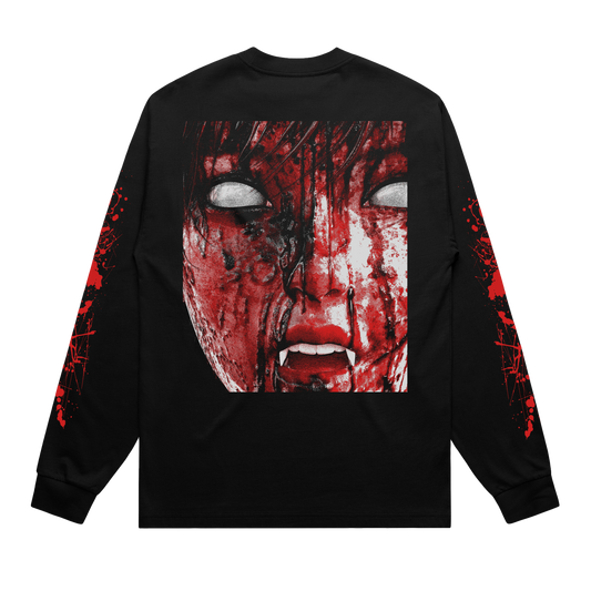 Black unisex long-sleeve regular fit T-shirt with silver and red BMTH text print across the chest, and red bloodbath print across the sleeves and back.