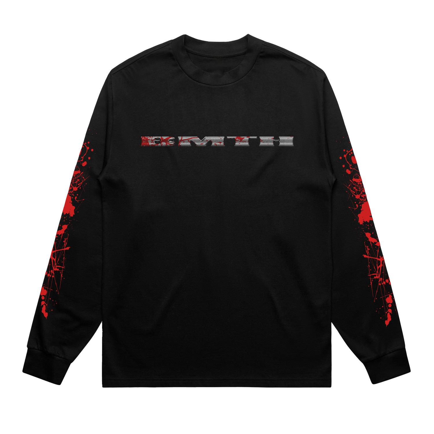 Black unisex long-sleeve regular fit T-shirt with silver and red BMTH text print across the chest, and red bloodbath print across the sleeves and back.